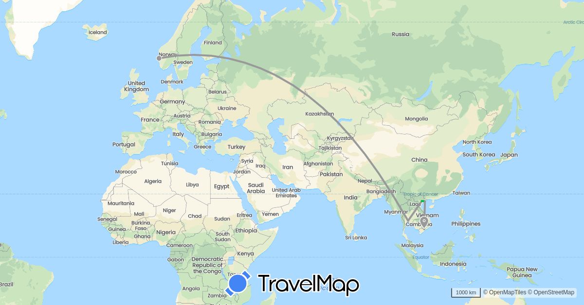 TravelMap itinerary: driving, bus, plane in Norway, Thailand, Vietnam (Asia, Europe)
